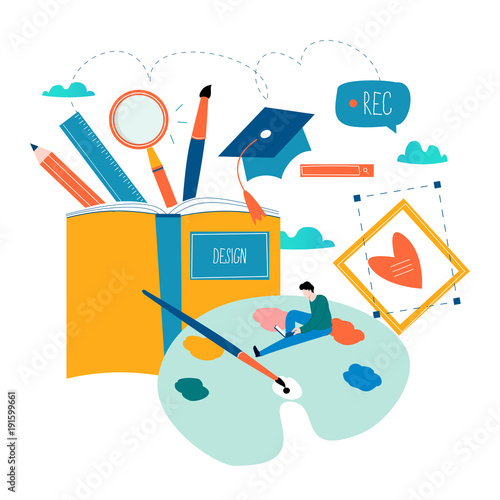 Design studio, designing, drawing, graphic design, education, creativity, art, ideas flat vector illustration. Online courses, books, tutorials for mobile and web graphics