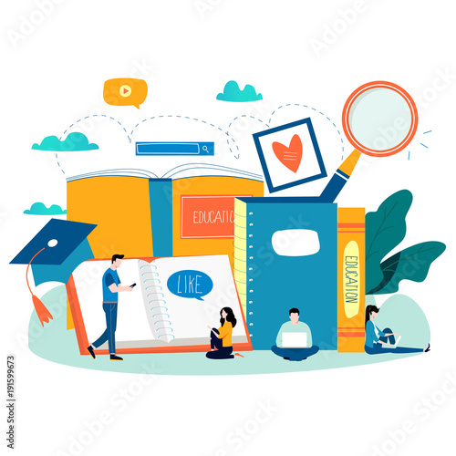 Education, online training courses, distance education flat vector illustration. Internet studying, online book, tutorials, e-learning, online education design for mobile and web graphics