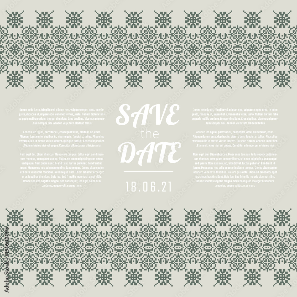 Save the Date invitation. Wedding card with green ornate borders.