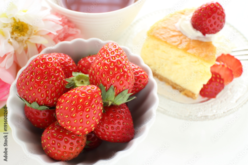 Japanese fruit, strawberry and cheese cake for spring food image Japanese fruit, strawberry and cheese cake for spring food image