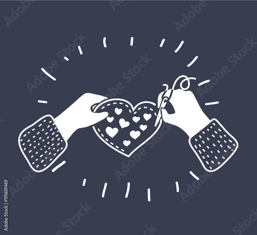 Vector cross stitch heart with needle and string. isolated on white background. 