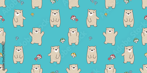 Fototapeta Naklejka Na Ścianę i Meble -  Bear seamless pattern vector polar bear teddy happy mushroom forest isolated background wallpaper