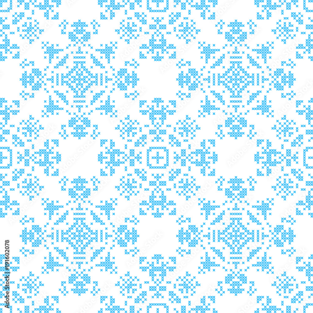 Nordic seamless pattern. Cross stithes snowflakes. Winter background.