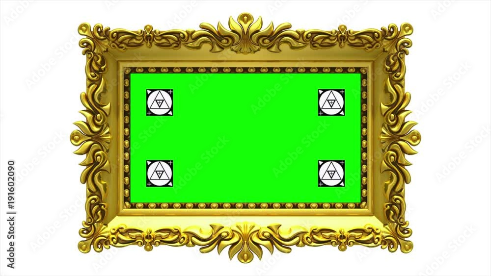 Luxury gold picture frame rotates on white background. Intro with motion tracking markers and