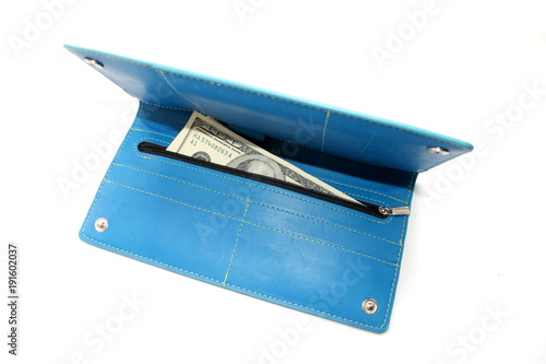 open blue wallet with dollars isolated on the white background
