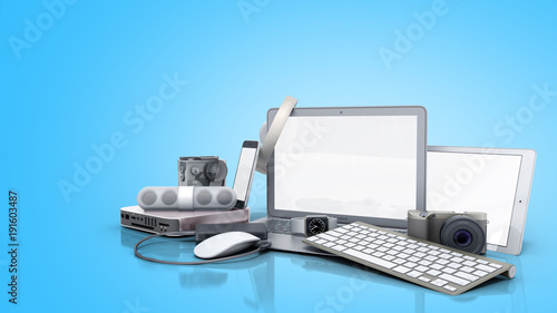 collection of consumer electronics 3D render on blue background photo