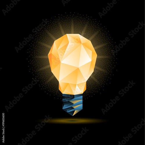 Glowing yellow 3d low poly light bulb model. Vector polygonal bulb illustration on a black background.
