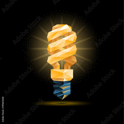 Glowing yellow 3d low poly fluorescent light bulb model. Vector polygonal bulb illustration on a black background.
