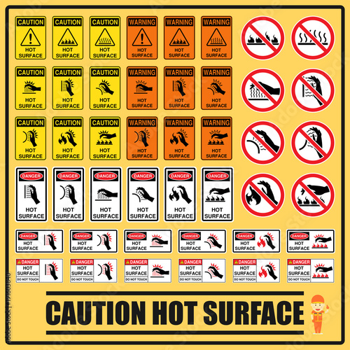 Set of safety caution signs and symbols of the hot surface, Labels and signs using for all hot surfaces prevention.