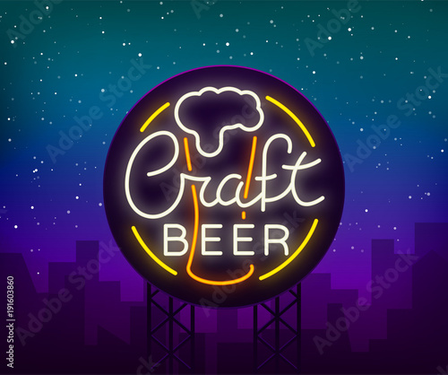 Original logo design is a neon-style beer craft for a beer house, bar pub, brewery brewery tavern, stuffing, pub, restaurant. Night beer advertising, neon glowing bright sign
