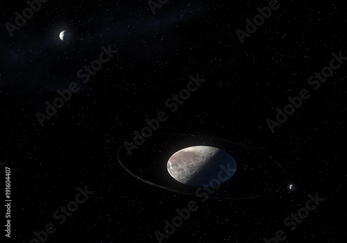 Fototapeta Naklejka Na Ścianę i Meble -  Artwork of Haumea ellipsoidal dwarf planet with rings in the Kuiper belt and its moons Hiʻiaka and Namaka