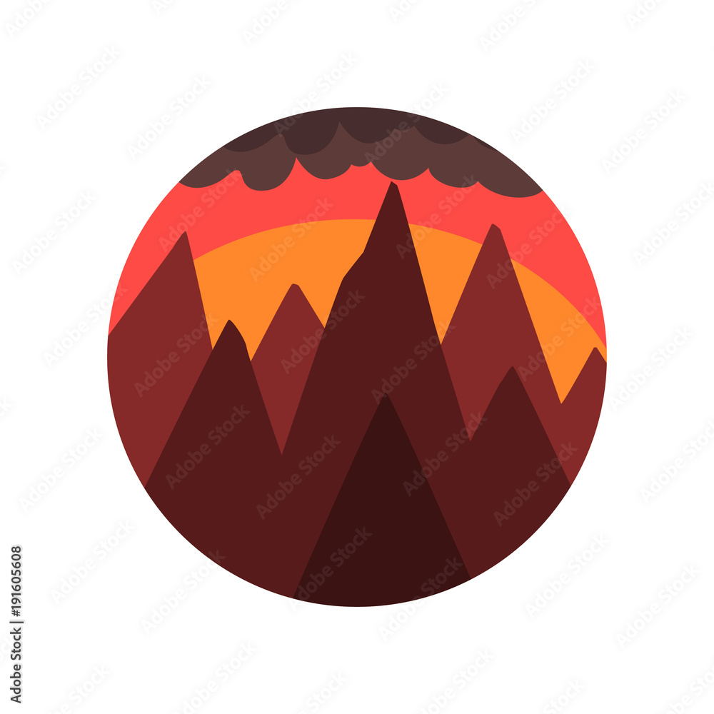 Geometric round-shaped emblem of landscape with peaks of mountains, sunset and dark cloud. Beautiful red evening sky. Vector natural scenery Geometric round-shaped emblem of landscape with peaks of mountains, sunset and dark cloud. Beautiful red evening sky. Vector natural scenery