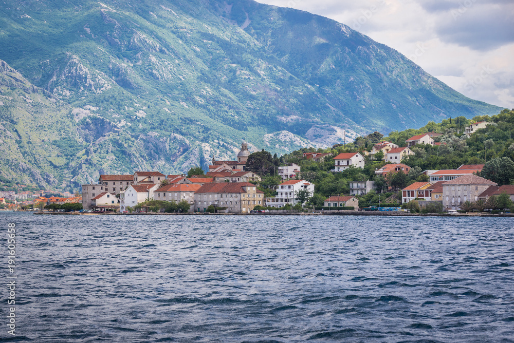 Adriatic Sea Kotor Bay in Montenegro, view with Prcanj small coastal village