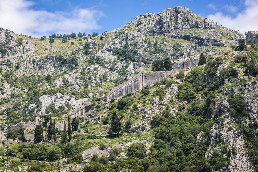 Ancient walls on St John hill in Kotor town, Montenegro