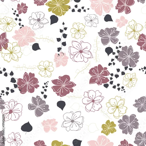 Tapety Zawilec lub kwiaty maku i liści bluszczu. Kwiatowy wektor wzór z ręcznie rysowane elementy.