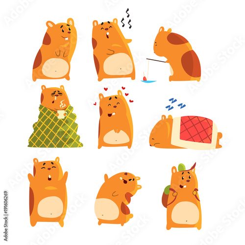 Cute cartoon hamster characters set, funny animal showing various actions and emotions vector Illustrations