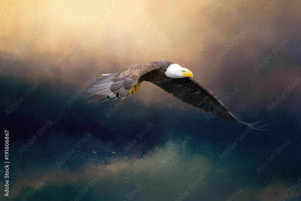 Obraz premium Wspaniały, pomalowany bielik amerykański lecący nad wzburzonym morzem.