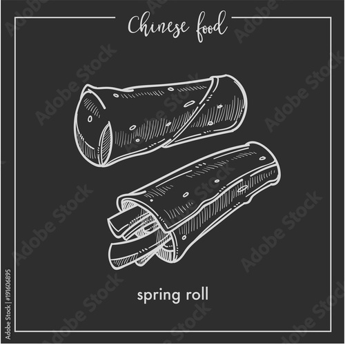 Chinese food chalk sketch spring roll for China Asian cuisine restaurant menu or recipe design on black background