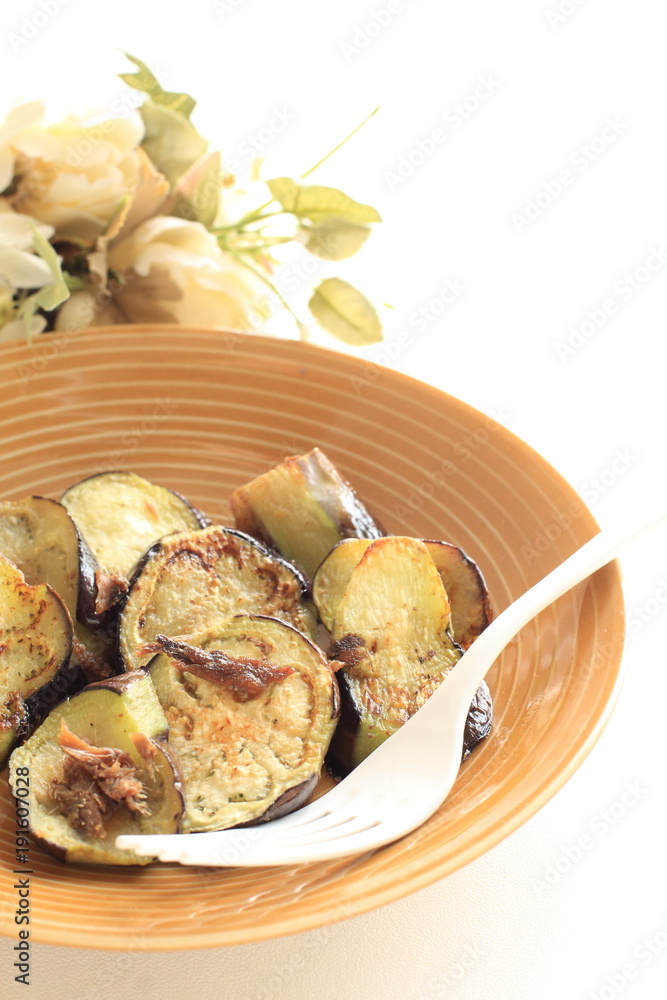 Italian food, avchovy fillet and pan fried eggplant Italian food, avchovy fillet and pan fried eggplant