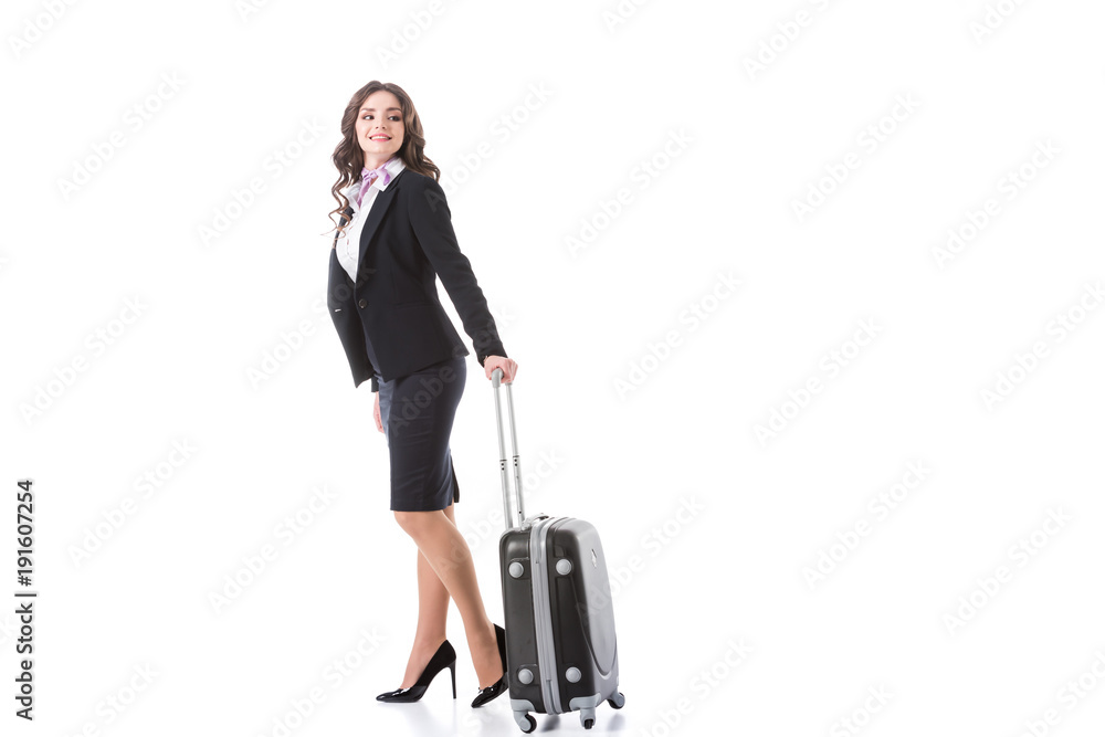 attractive stewardess with suitcase isolated on white attractive stewardess with suitcase isolated on white