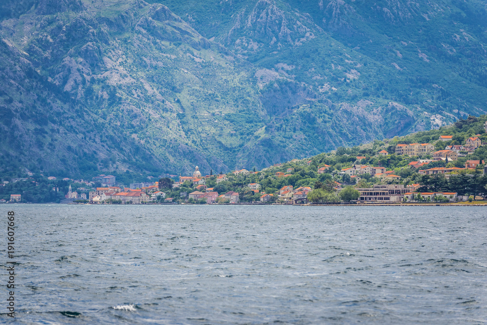 Kotor Bay of Adriatic Sea in Montenegro, view with Prcanj village