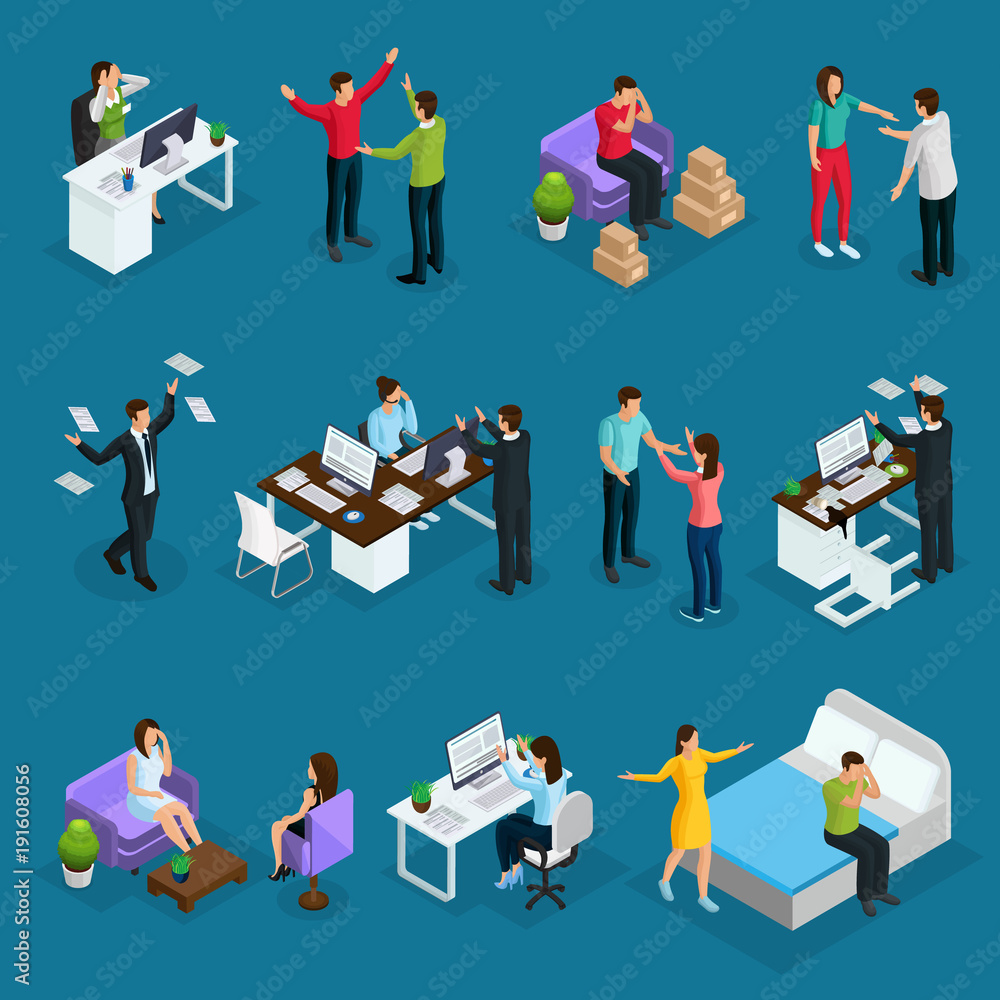 Obraz premium Izometryczny zestaw ludzi i stresu