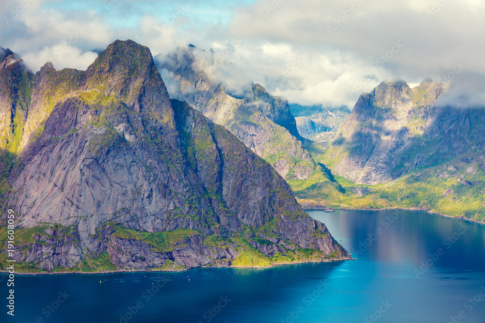 Aerial view of the fjord from the mountain. Reine, Norway. Beautiful wild nature