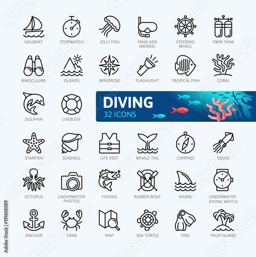 Scuba Diving and Snorkeling elements - minimal thin line web icon set. Outline icons collection. Simple vector illustration.