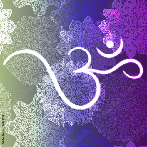 Ornate floral seamless texture, endless pattern with glowing bright mandala elements and ohm symbol