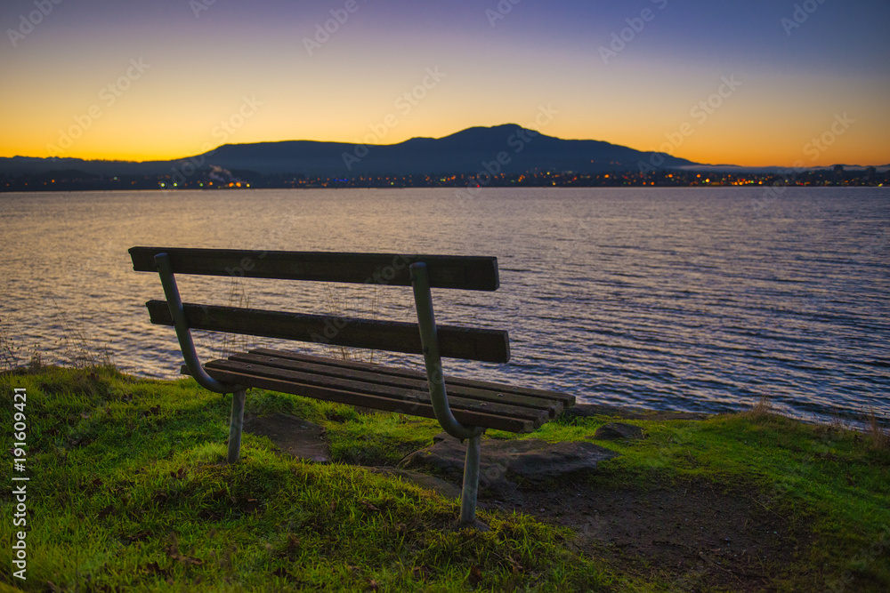 bench overlooking Nanaimo bay, taken from Jack Point and Biggs Park in Nanaimo, British Columbia.