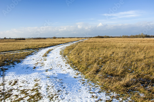 Snow-covered country road through wild meadows
