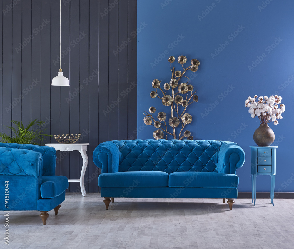 Fototapeta niebieski salon i turkusowa sofa