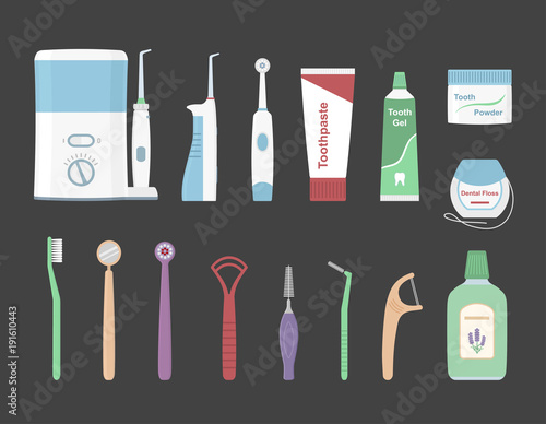 Dental cleaning tools. Vector illustration of oral hygiene products isolated on dark gray background.