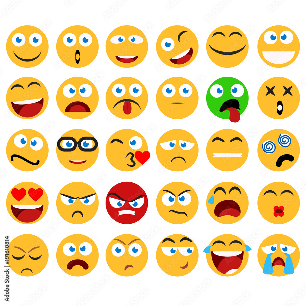 Large set of vector smiles, emoticons and emojis in minimalistic flat design. Funny and silly abstract facial expression icons collection Large set of vector smiles, emoticons and emojis in minimalistic flat design. Funny and silly abstract facial expression icons collection