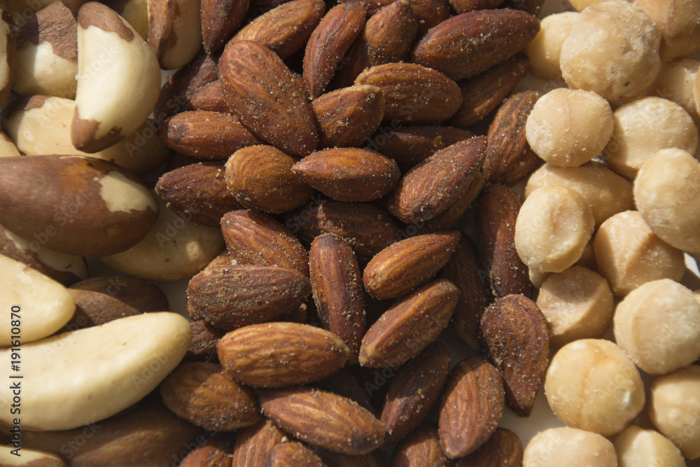 Obraz premium An assortment of roasted and salted Macadamia Nuts, Almonds and Fresh Brazil Nuts 