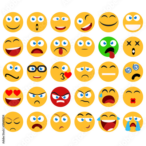 Large set of vector smiles, emoticons and emojis in minimalistic flat design. Funny and silly abstract facial expression icons collection