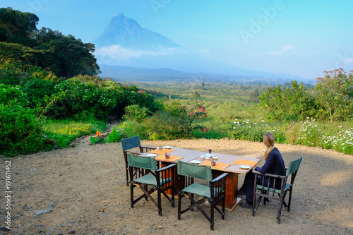 Breakfast at luxury camp overlooking a volcano in the Virunga National Park in the Democratic Republic of Congo, Africa