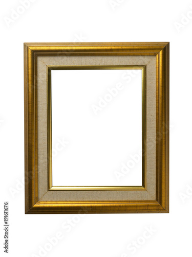 Golden photo frame blank on white background