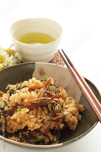 Japanese food, simmered osyter rice and green tea photo