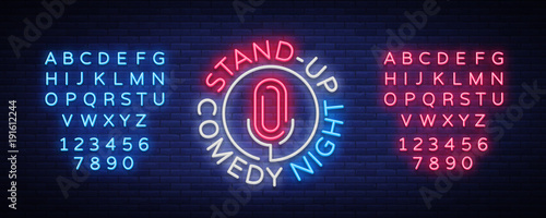Stand Up Comedy Show is a neon sign. Neon logo, bright luminous banner, neon poster, bright night-time advertisement. Stand up show. Invitation to the Comedy Show. Vector. Editing text neon sign