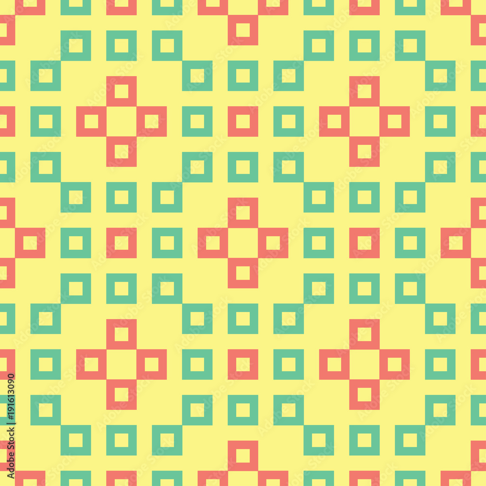 Seamless background with geometric shaped elements. Bright yellow background with pink and green design Seamless background with geometric shaped elements. Bright yellow background with pink and green design