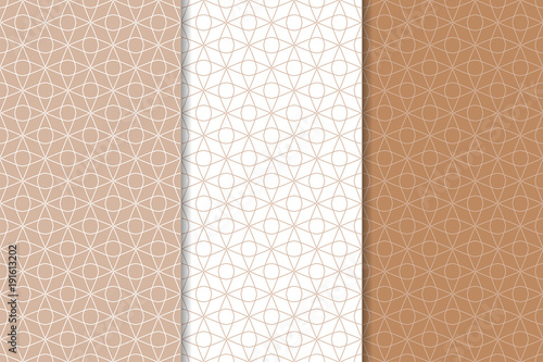 Brown and white geometric ornaments. Set of seamless patterns