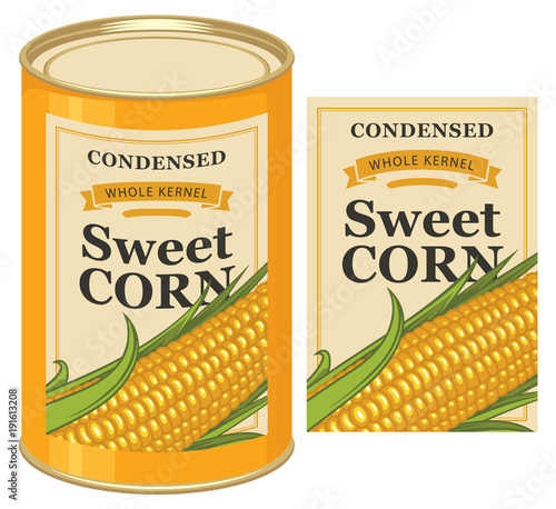 Vector illustration of tin can with a label for canned sweet corn with the image of a realistic corn cob