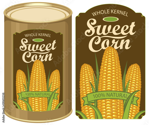 Vector illustration of tin can with a label for canned sweet corn with the image of three realistic corn cobs and calligraphic inscription