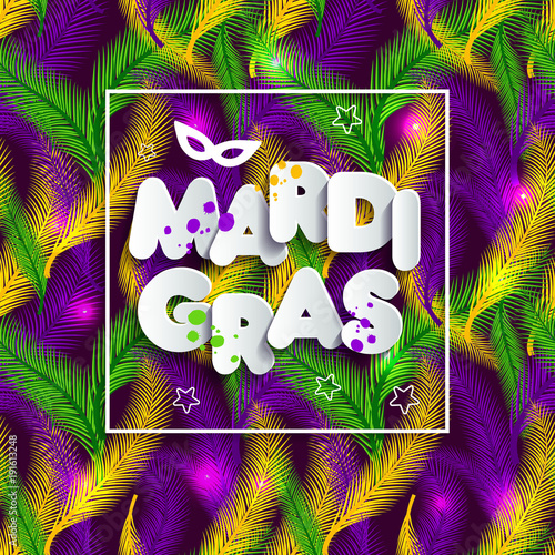 Illustration of Carnival Mardi gras on multicolors feathers,colors of the Mardi Gras. Text of paper style on seamless pattern.