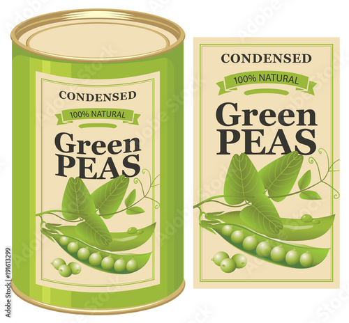 Vector illustration of tin can with a label for canned green peas with the realistic image of pea pods, tendrils and leaves