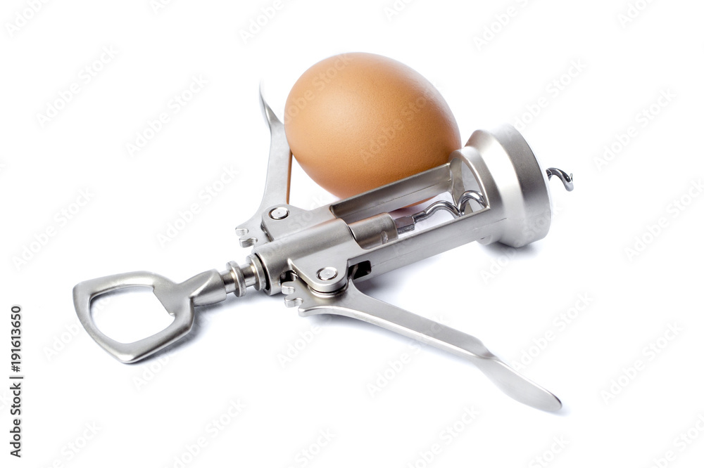 egg and corkscrew on white background egg and corkscrew on white background
