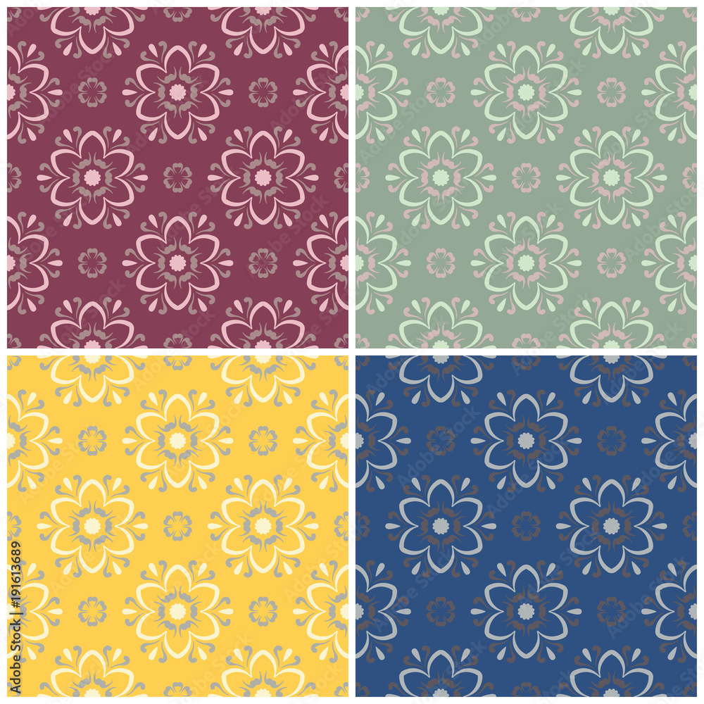 Floral seamless patterns. Set of colored backgrounds with flower elements