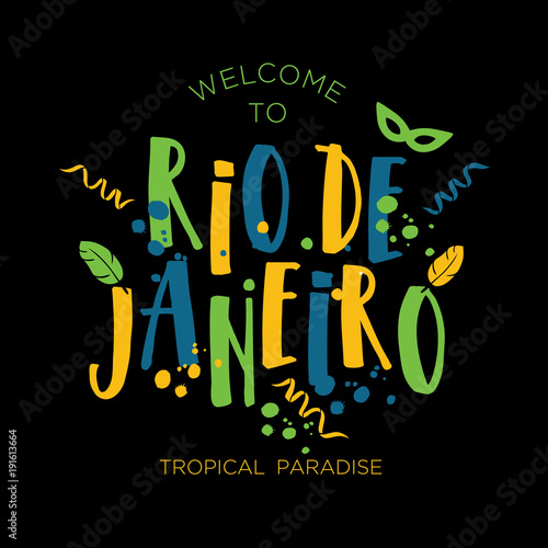 Illustration of Rio de Janeiro Carnival from Brazil vacation of colors of the Brazilian flag, Brazil Carnival. Summer. Hand drawn lettering.