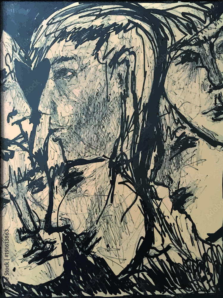 Naklejka premium Dessin de visages de face et de profil entremêlés